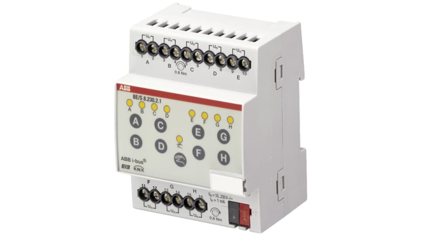 Unità di ingresso ABB 2CDG110093R0011 per sistema bus KNX, rileva fino a 8 segnali da 10 a 230V, montaggio su guida DIN, dimensioni 3,54 x 2,83 x 2,53 poll.