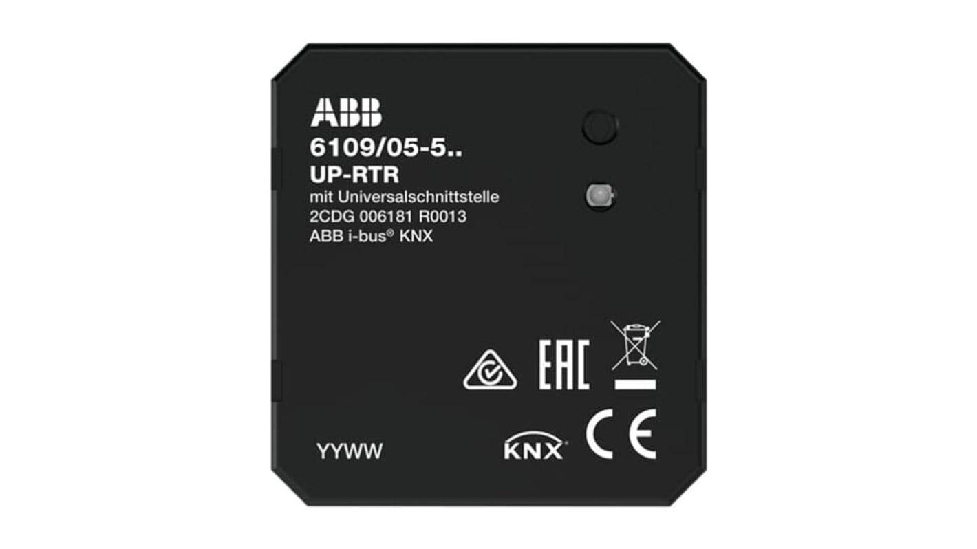 Regolatore di temperatura ambiente KNX ABB, montaggio a filo, ingresso universale, operante da -5 a 45 °C. Codice 2CKA006181A0013.