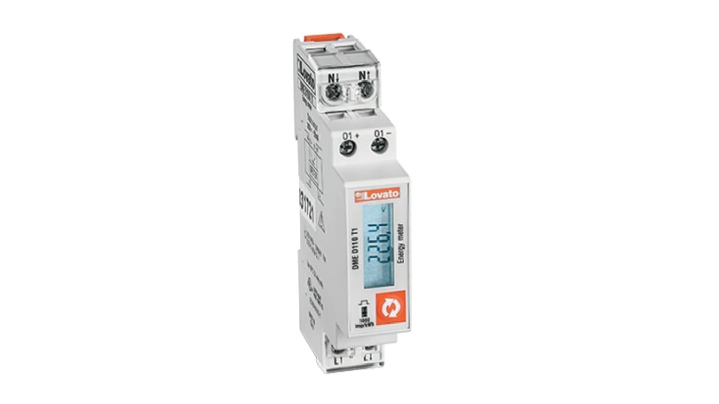 Contatore di energia monofase Lovato DMED111, 40 A, display LCD, montaggio su guida DIN, interfaccia RS485.