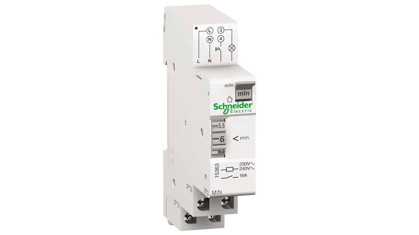 Interruttore magnetotermico Schneider Electric 16A regolabile con timer elettromeccanico da 1 a 7 minuti, montabile su guida DIN, consumo 1 VA, IP20 B.