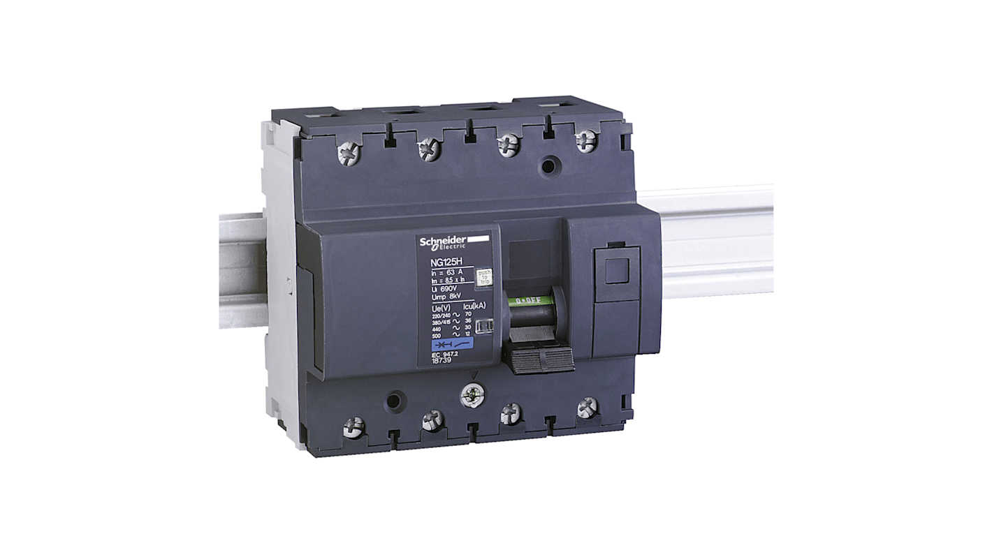 Interruttore magnetotermico Schneider Electric 4 poli, 63 A, Tipo C, montaggio su guida DIN, grado di protezione IP20.