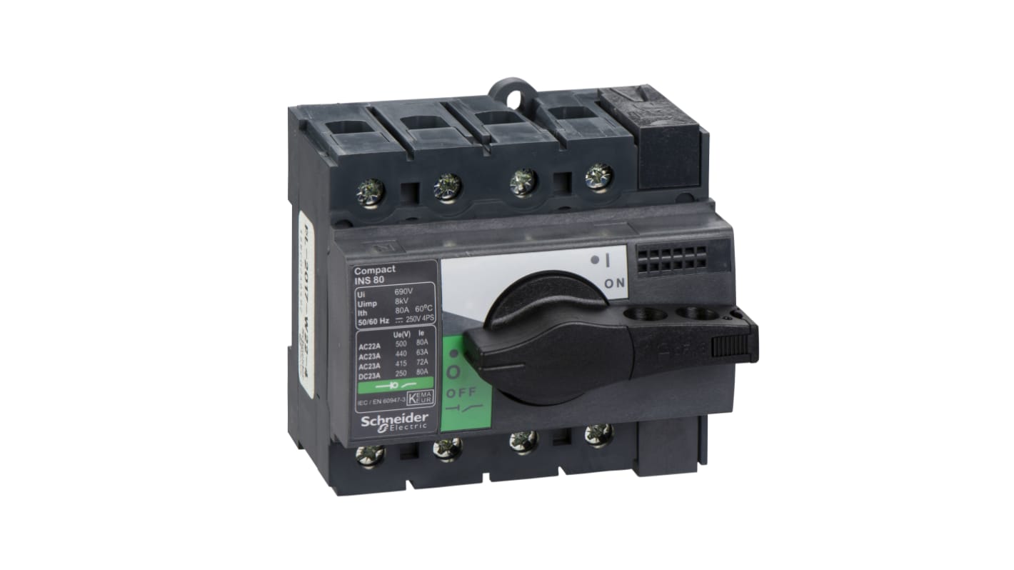 Interruttore di isolamento Schneider Electric 28905, 4P 80A 500V. Configurazione compatta e affidabile per applicazioni industriali.