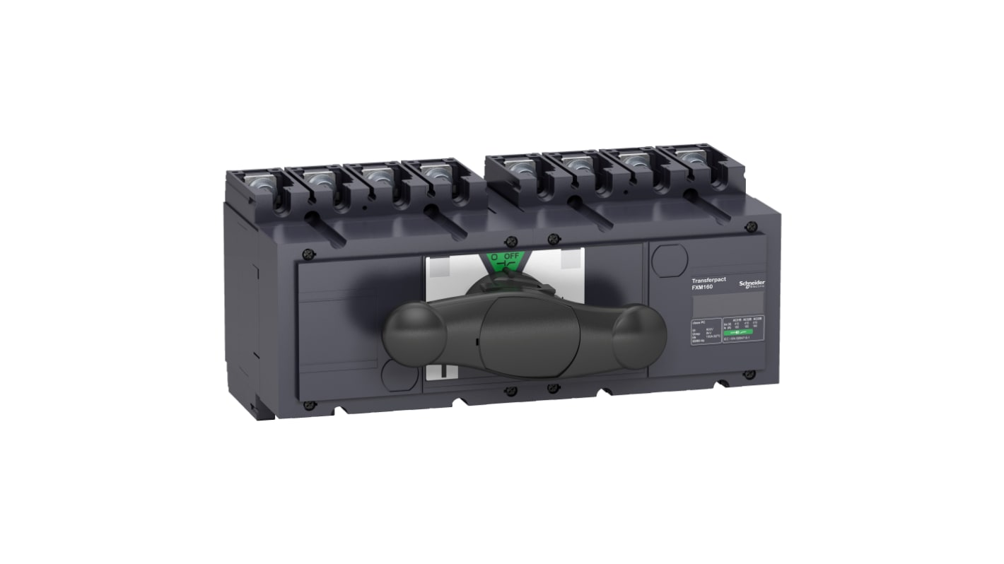 Interruttore di isolamento 4 poli Schneider Electric, corrente nominale 160 A, design compatto con maniglia nera.