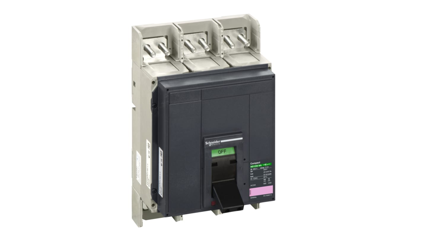 Sezionatore interruttore compatto Schneider Electric, 3 poli, 1250 A, 690 V CA, azionamento manuale, design integrato.