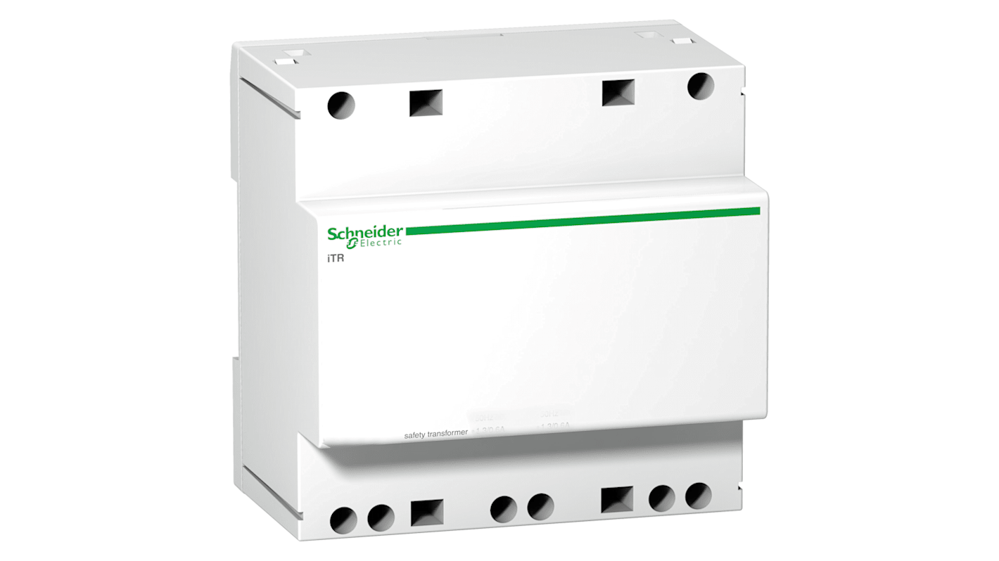 Trasformatore di sicurezza modulare iTR Schneider Electric A9A15222 con terminali tunnel per guida DIN 35 mm. Temperatura operativa -20/+55 °C. Ideale per installazioni sicure.