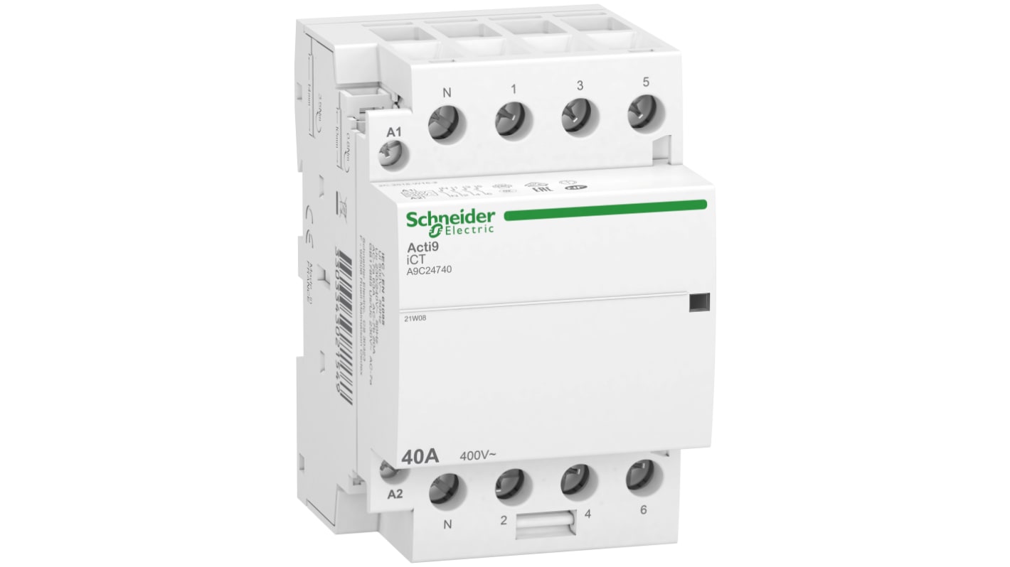 Contattore Schneider Electric A9C24740, 4 poli 4NO, 40 A, 240 V c.a., IP20, per applicazioni industriali.