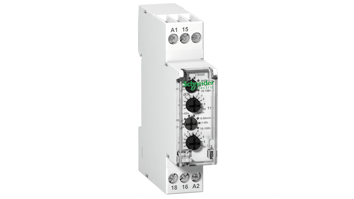 Schneider Electric A9E16069 Timer Relay SPDT con LED lampeggiante e ritardo da 0,1 a 360000 s per montaggio su guida DIN. IP20, -5 a 55 °C.
