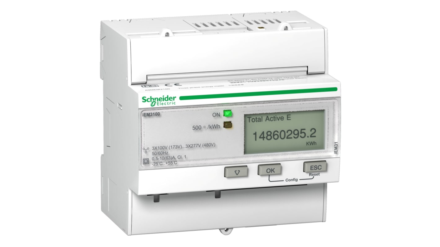 Contatore di energia Schneider Electric IEM3000 (A9MEM3100) per 1-3 fasi, display LCD, IP40, -25 a 60 °C.