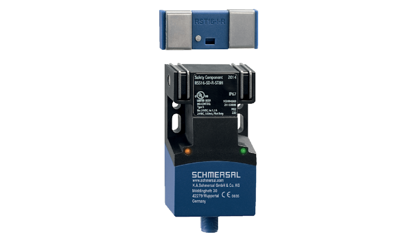 Interruttore di sicurezza Schmersal 103044778, senza contatto, 24V cc, tecnologia RFID, IP67, dimensioni 15mm x 37mm.