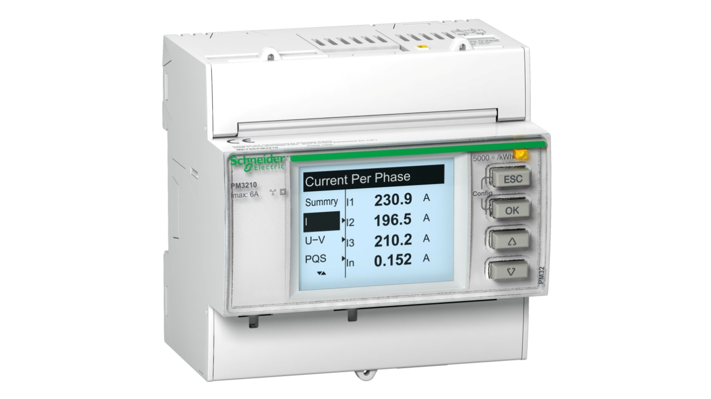 Contatore di energia Schneider Electric PM3210 per monitorare tensione, corrente e potenza. Display LCD retroilluminato, ideale per multi-tariffa.
