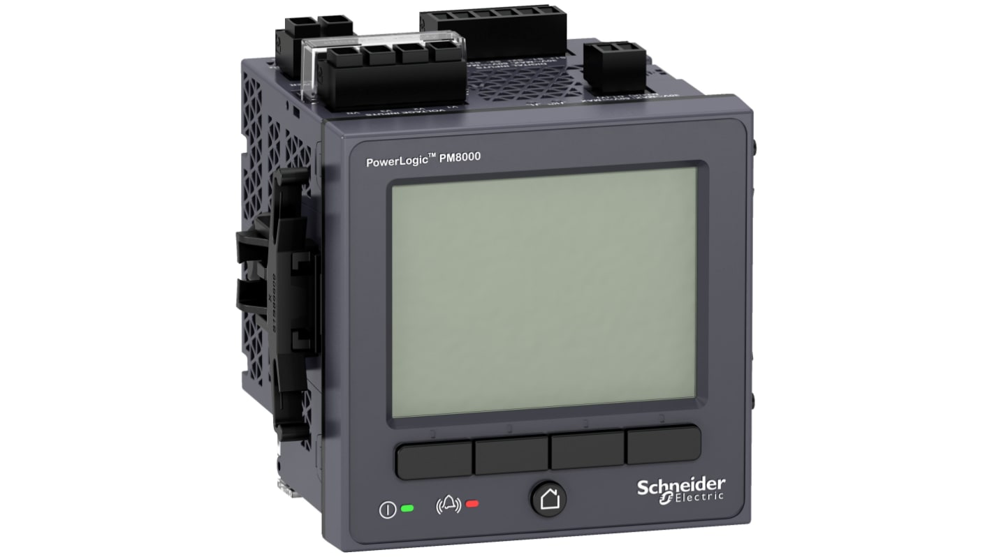Contatore di energia Schneider Electric METSEPM8210, 1-3 fasi, montaggio a pannello, display LCD TFT, IP54, per monitoraggio consumi.