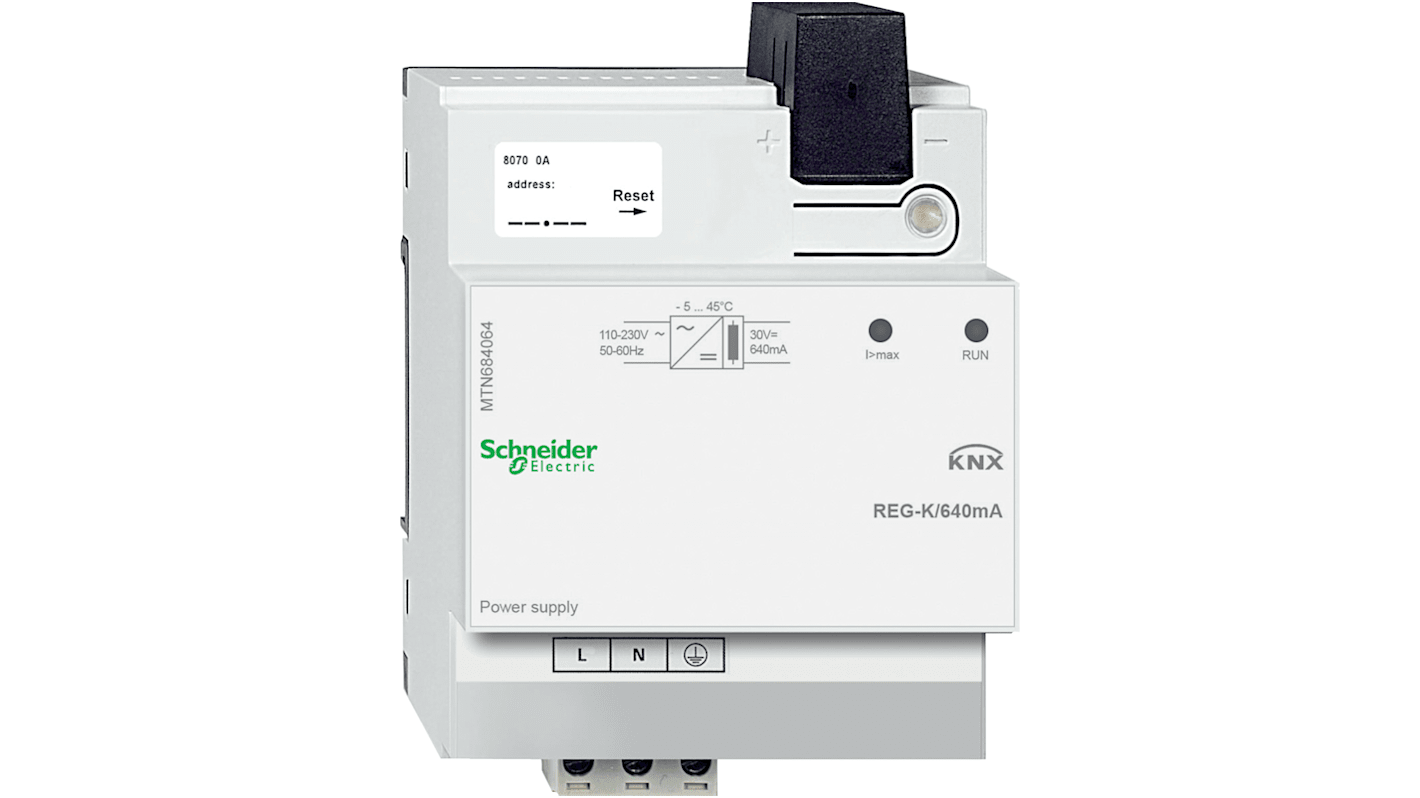 Alimentatore KNX Schneider Electric MTN684064 con innesto integrato e montaggio su guida DIN. LED di segnalazione locale, frequenza 50-60 Hz. Ideale per sistema bus.