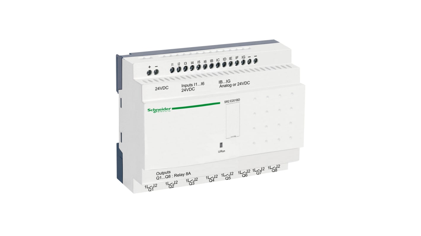Modulo logico Schneider Electric SR2E201BD, 12 ingressi, 8 uscite, alimentazione 24 V CC, interfaccia di programmazione.