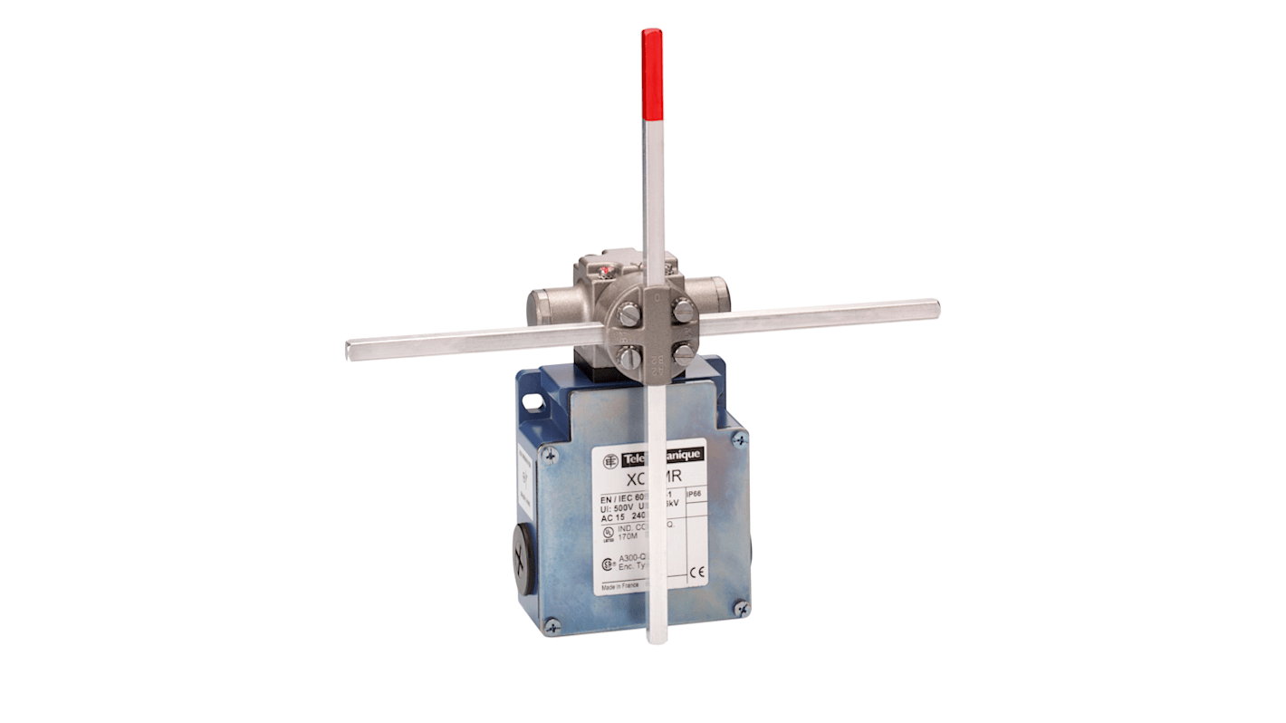 Interruttore di fine corsa Telemecanique Sensors XCKMR54D1, 240V, 3A, IP66. Ideale per ambienti estremi, con 4 poli e teste rotanti.