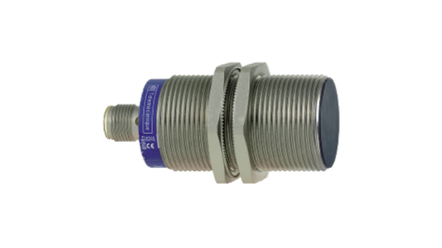 Sensore di prossimità induttivo cilindrico Telemecanique Sensors XS130BHNBM12, montaggio a filo, rilevamento fino a 15 mm, IP67, M30 x 1.5, connettore M12 a 4 pin.
