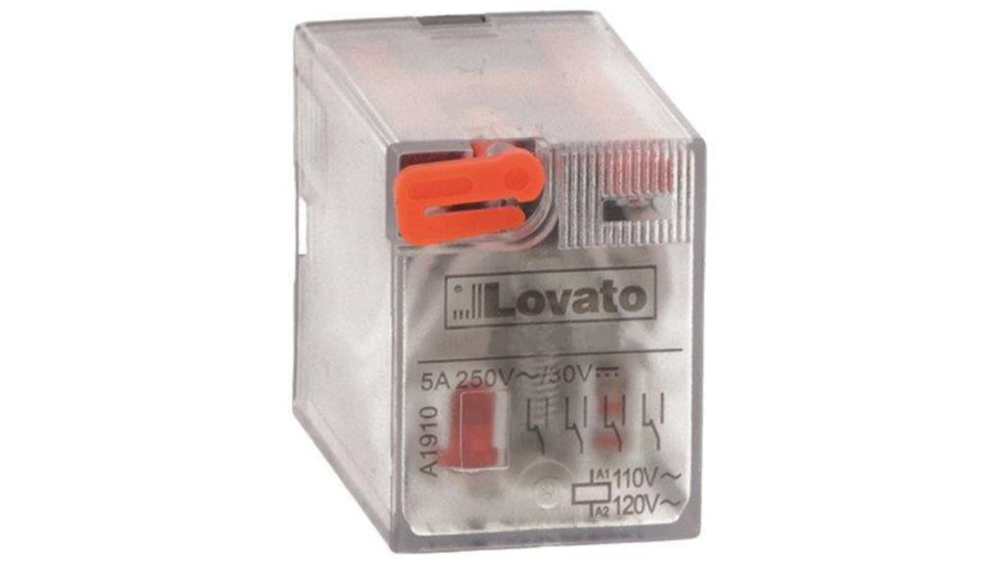 Relè monostabile Lovato HR604CA110, 4PDT, bobina 110V ca, corrente nominale 5 A, indicatore LED, temperatura -40/+70 °C.