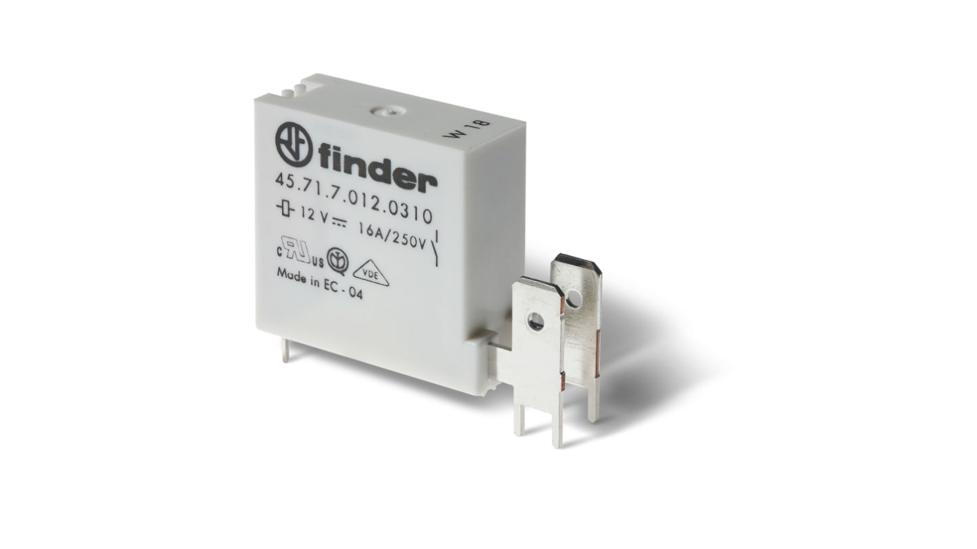 Relè Finder 457170240410, 24V cc, montaggio su circuito stampato, corrente 16A, contatti in AgCdO, 1 polo.