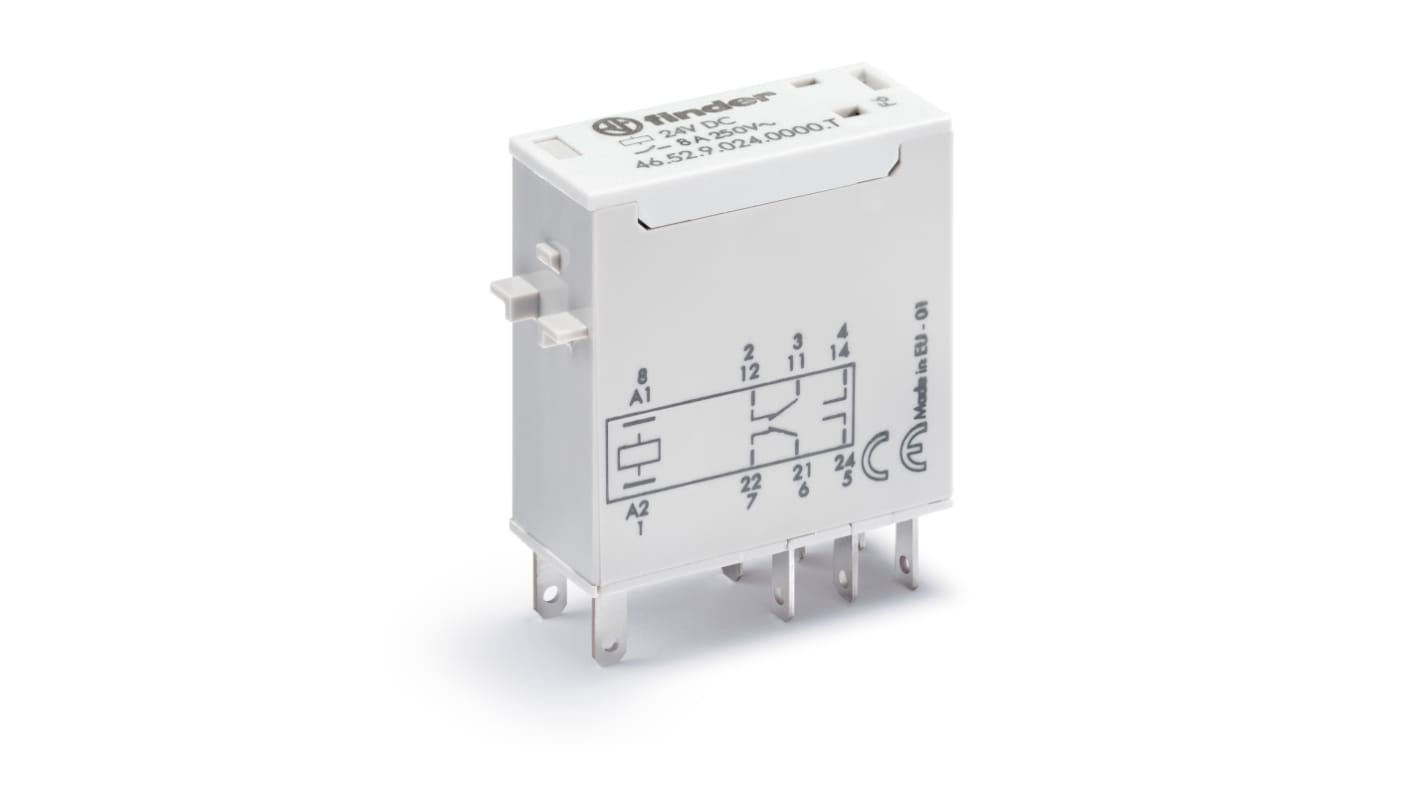 Modulo relè di potenza Finder 465282300000T, 230V, 6A, montaggio a innesto, per controllo luci e alimentazione elettrica.