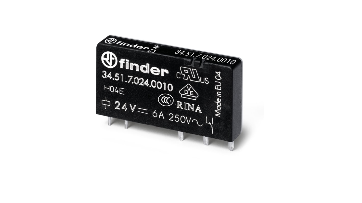 Relè Finder SPDT ultrasottile 5V cc per montaggio su circuito stampato, corrente di commutazione 6A, contatti AgNi + Au.