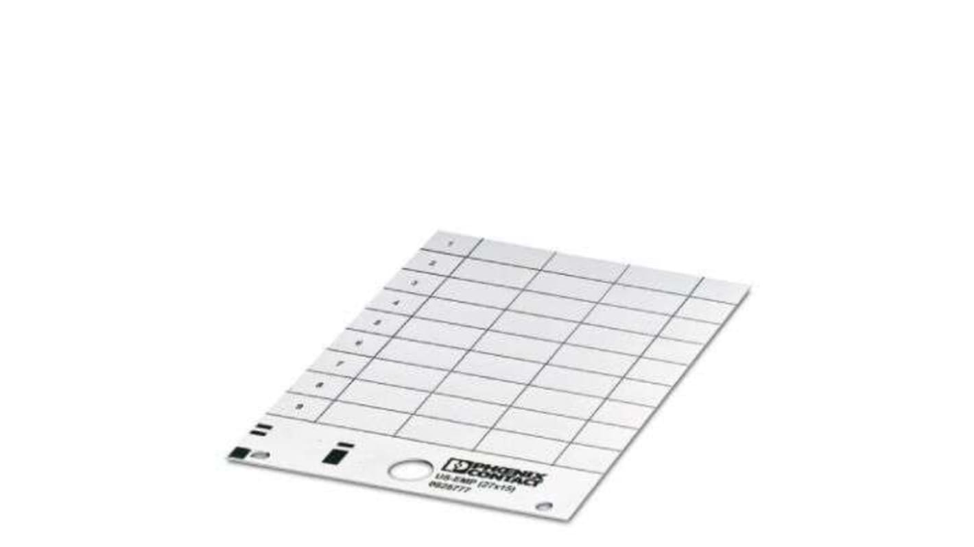 Segnacavi a inserimento Phoenix Contact 828777, compatibile con BLUEMARK e THERMOMARK. 27 targhette singole, montaggio tramite inserimento, pellicola 500 μm. Bianco.