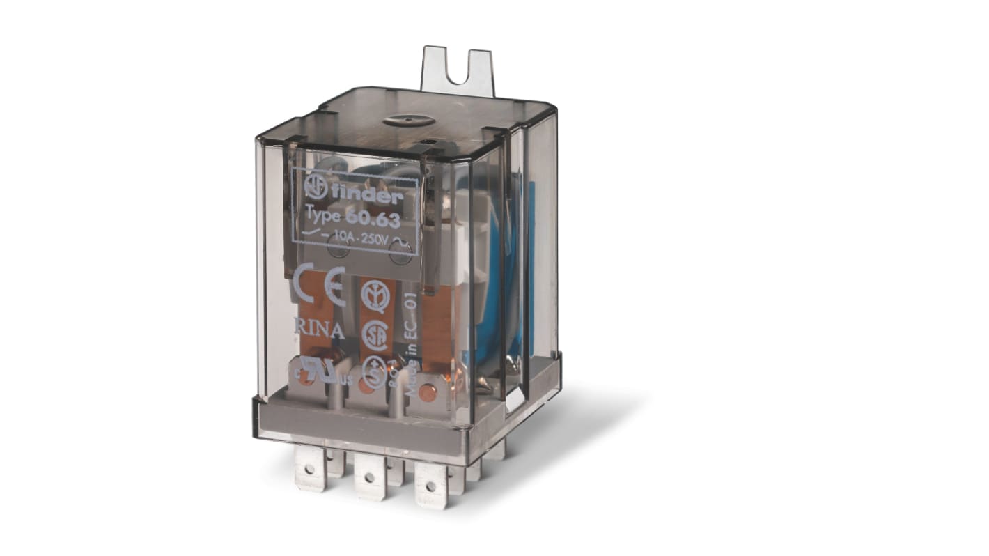 Relè Finder 606390240000 3PDT 24V cc, montaggio su flangia, corrente 10A, contatti senza cadmio, ideale per impieghi generali.