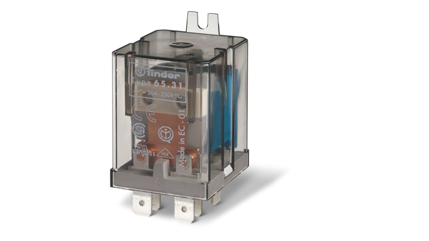 Finder 653181200000, relè SPST per montaggio su flangia, bobina 120V ca, 1 NA + 1 NC, corrente 20A, collegamento Faston 250.