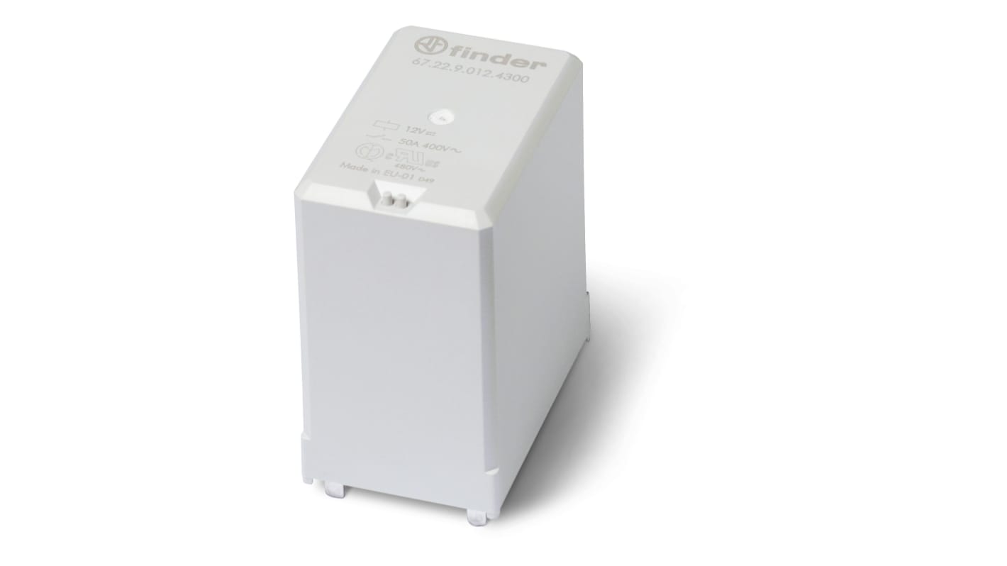 Relè Finder 672290124300 DPST-2NO per montaggio su circuito stampato, alimentazione 12V cc, corrente di commutazione 50A.
