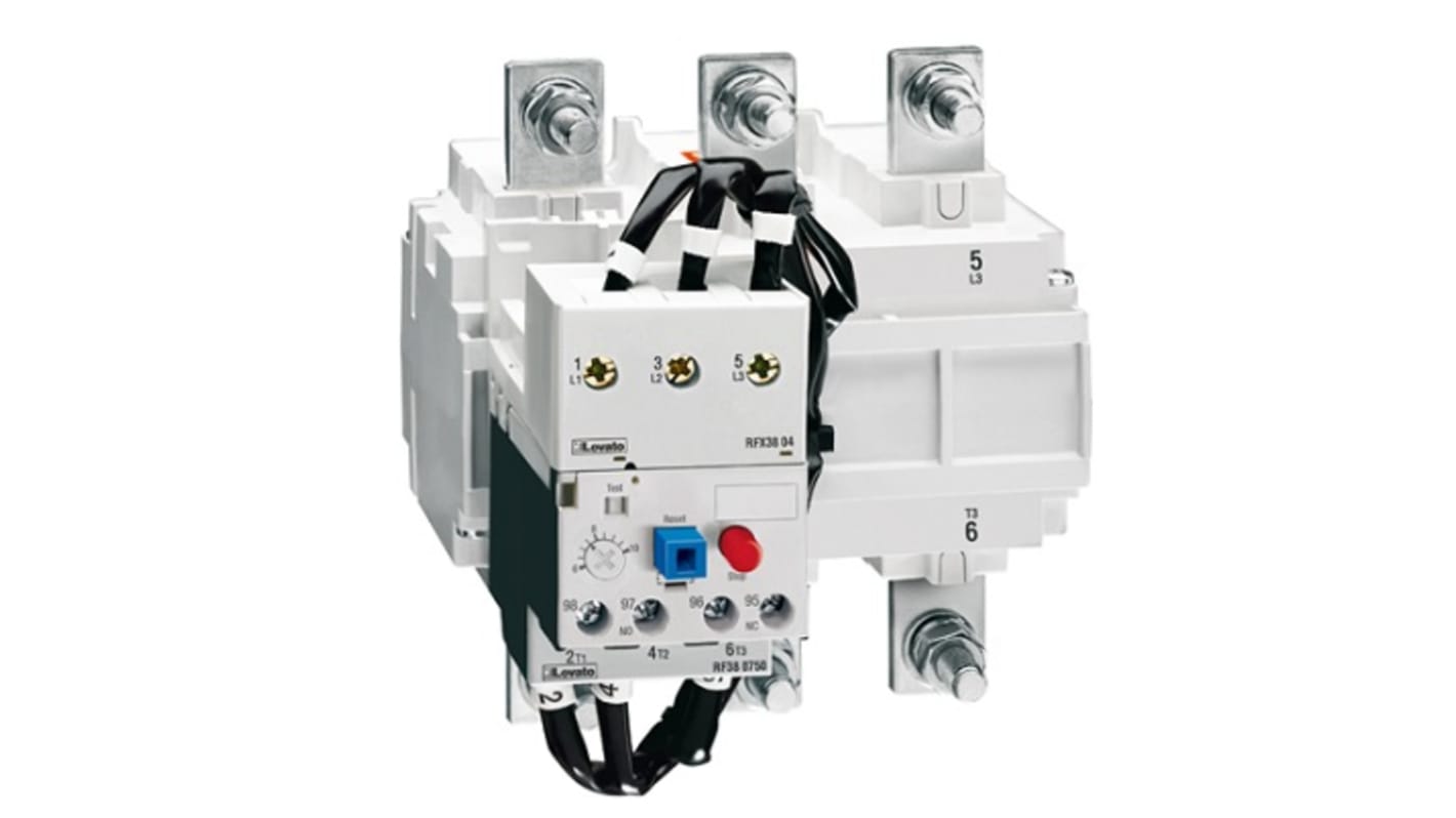 Base relè Lovato RF200150 per motore trifase, corrente 150 A, tensione 690 V, reset manuale o automatico.