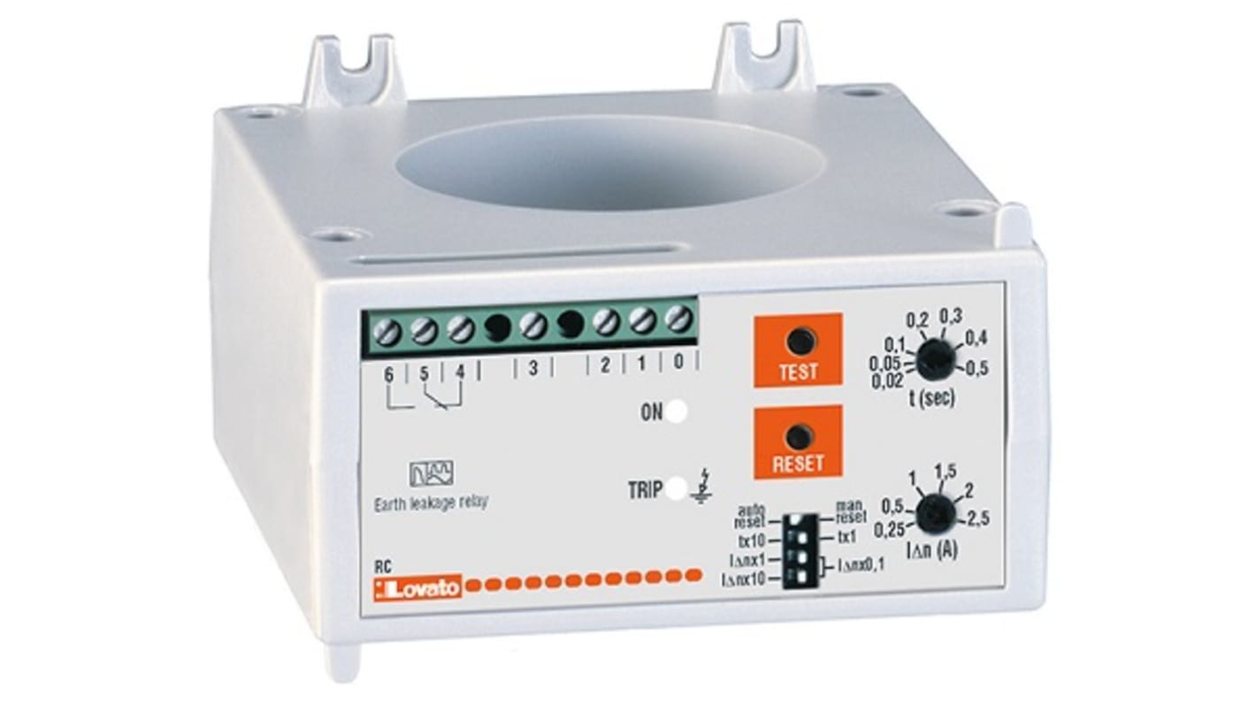 Relè di dispersione verso terra Lovato, montaggio a pannello 96 x 96 mm, grado di protezione IP20, uscita SPDT.