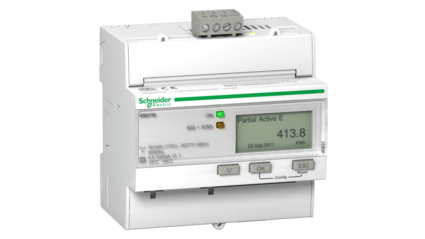 Contatore di energia Schneider Electric A9MEM3150, montaggio su guida DIN, misurazione 1-3 fasi, display LCD, IP40.