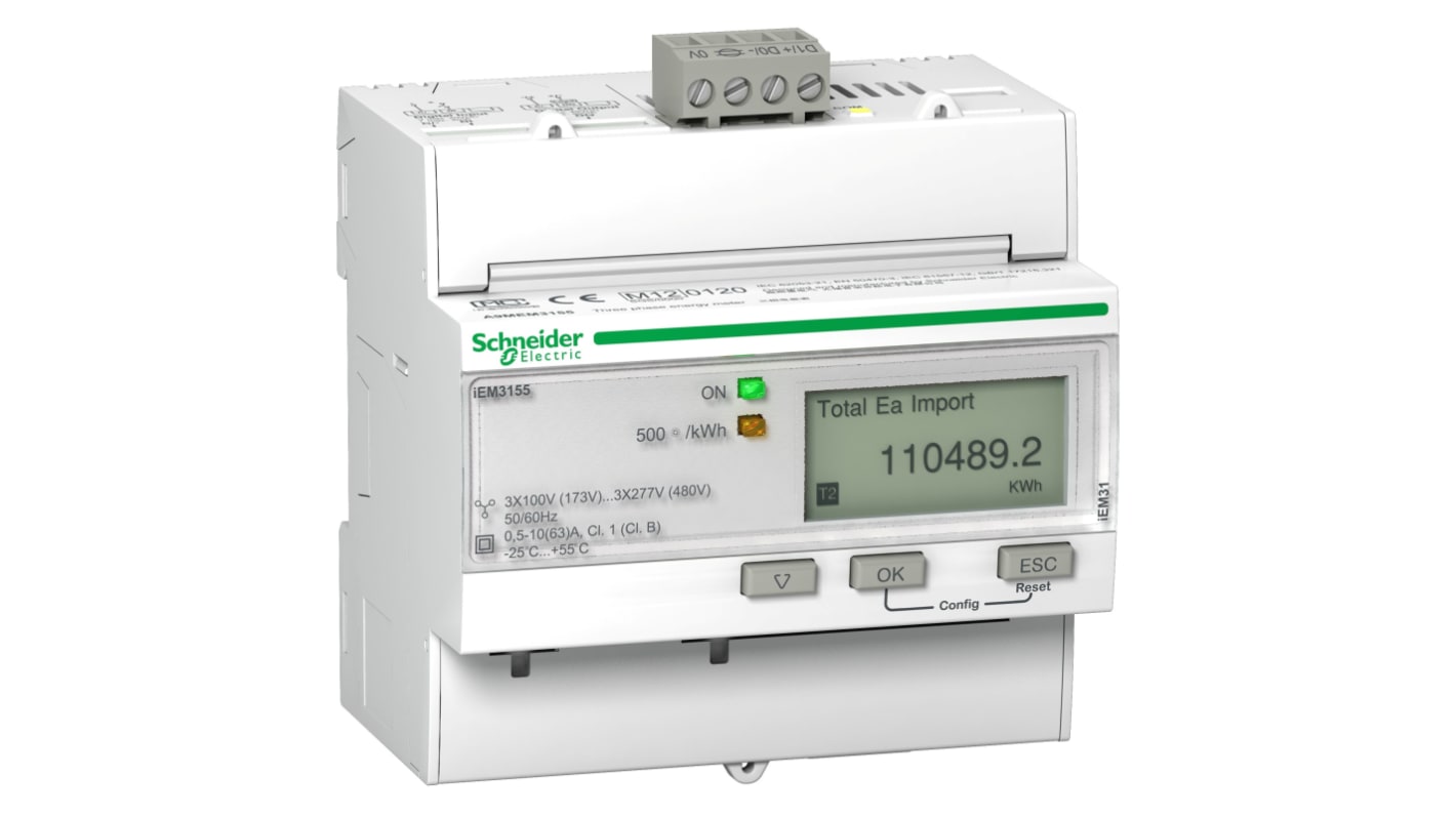 Contatore di energia Schneider Electric A9MEM3155, montaggio su guida DIN, misurazione multi-tariffa, display LCD.