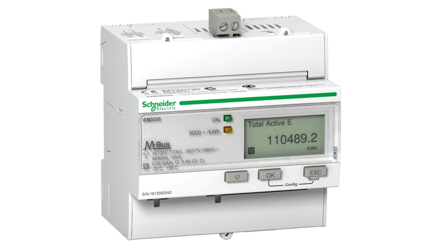 Contatore di energia Schneider Electric A9MEM3235, 1-3 fasi, LCD, montaggio su guida DIN, tensione 100-480 V, IP40.