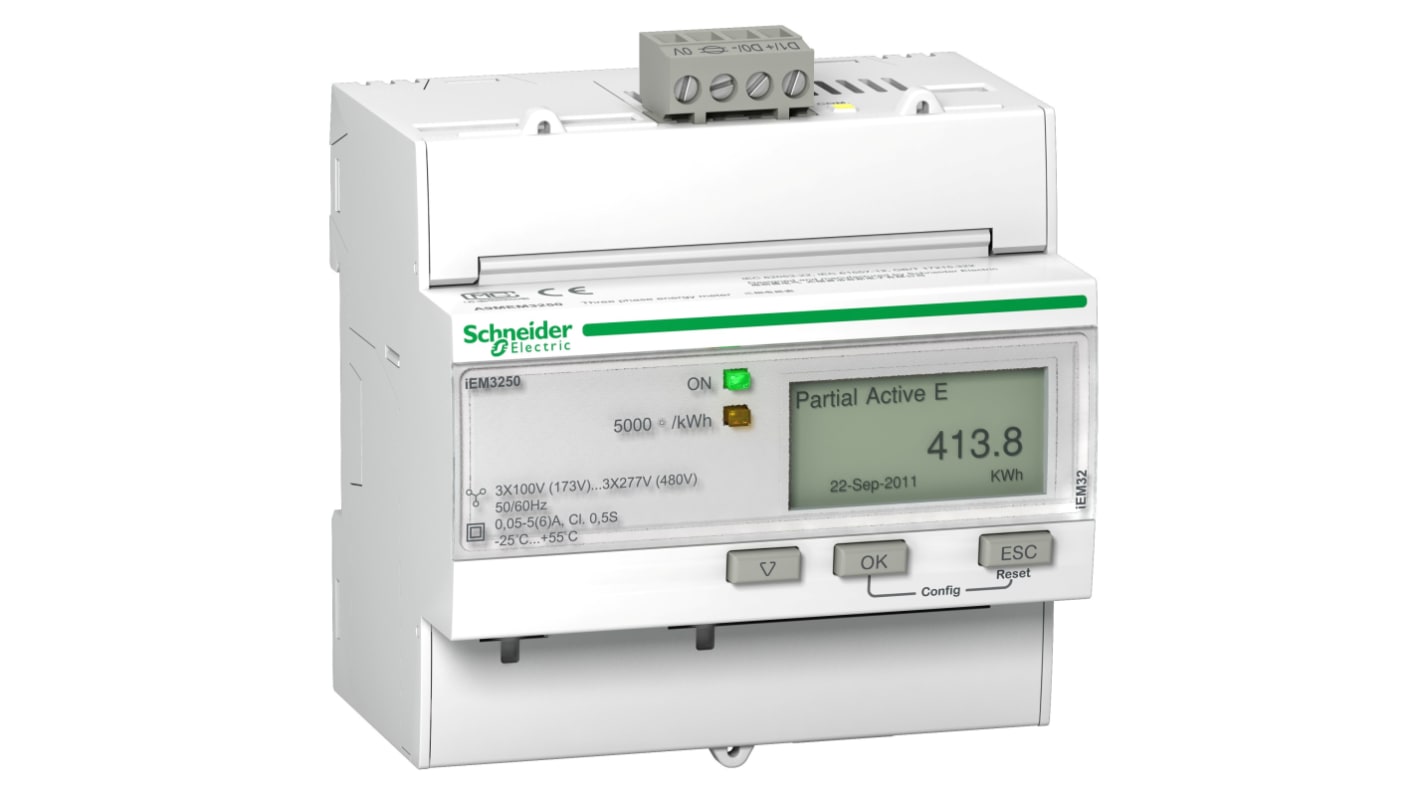 Contatore di energia Schneider Electric A9MEM3250, montaggio su guida DIN, misurazione 1-3 fasi, display LCD, IP40.