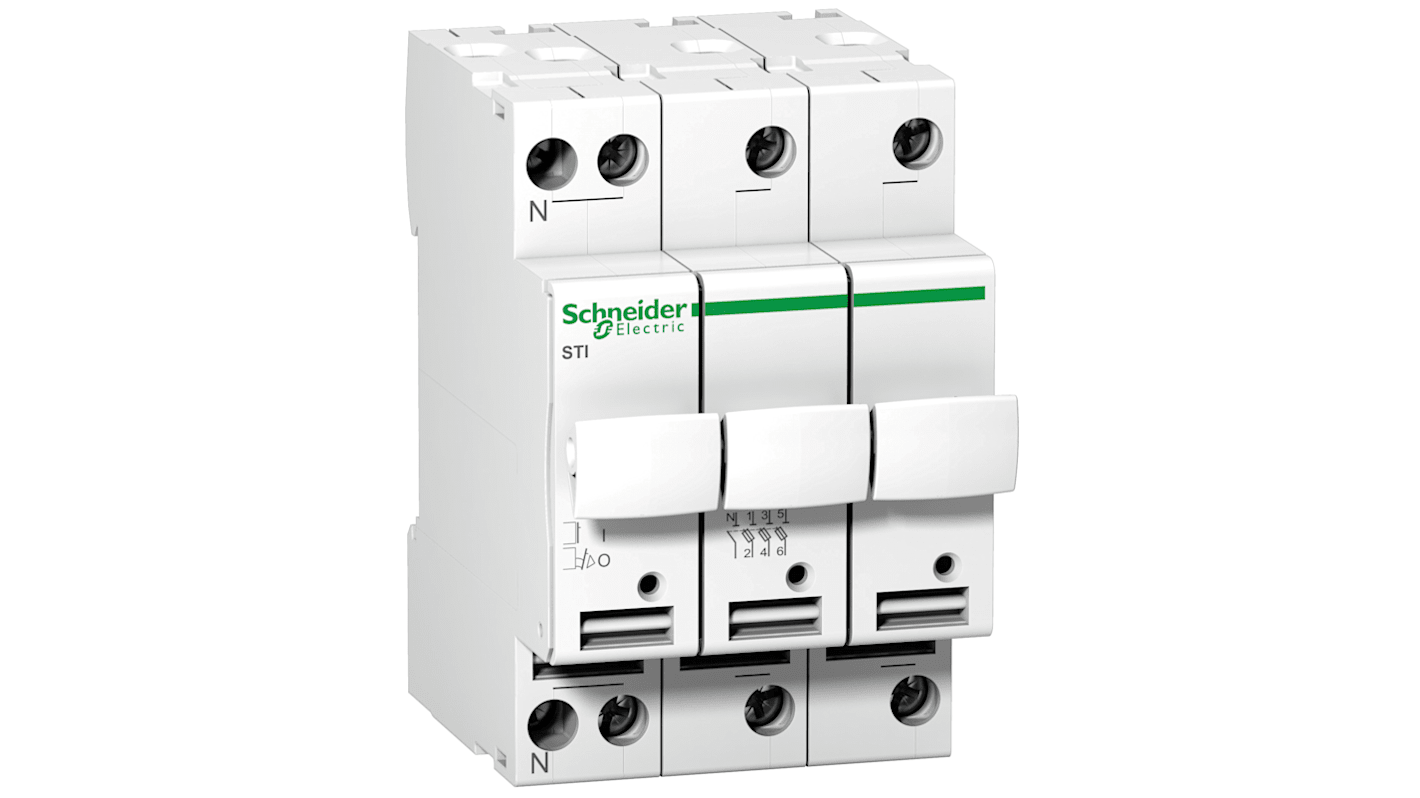 Sezionatore Schneider Electric Acti 9 A9N15657, 3 poli, 10 A, 400 V, IP20, fusibile 8,5 x 31,5 mm.