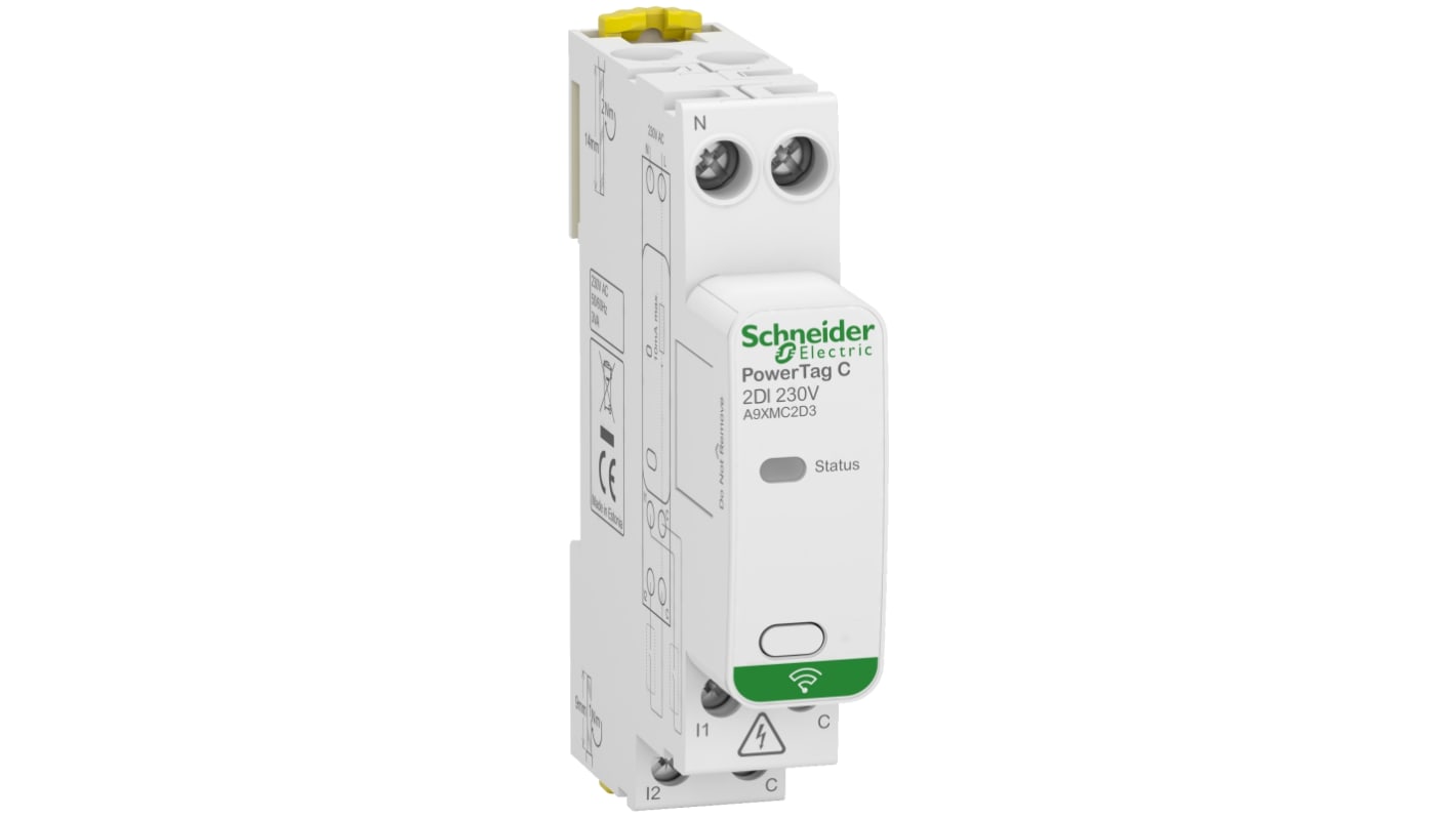 Modulo PowerTag cablato Schneider Electric, montaggio su guida DIN, grado di protezione IP20, temperatura operativa -25 a 60 °C.