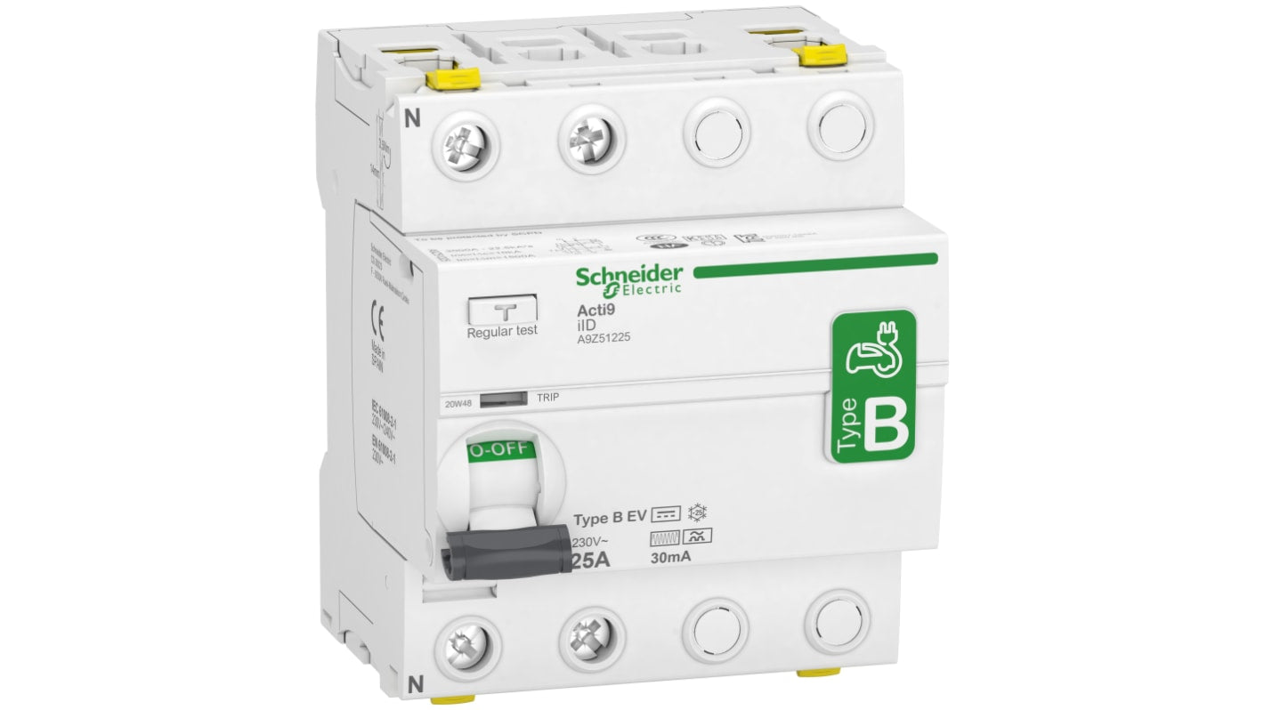 Interruttore differenziale RCCB Schneider Electric, 2 poli, 25 A, 30 mA, tipo B-EV, montaggio su guida DIN, IP20/IP40.