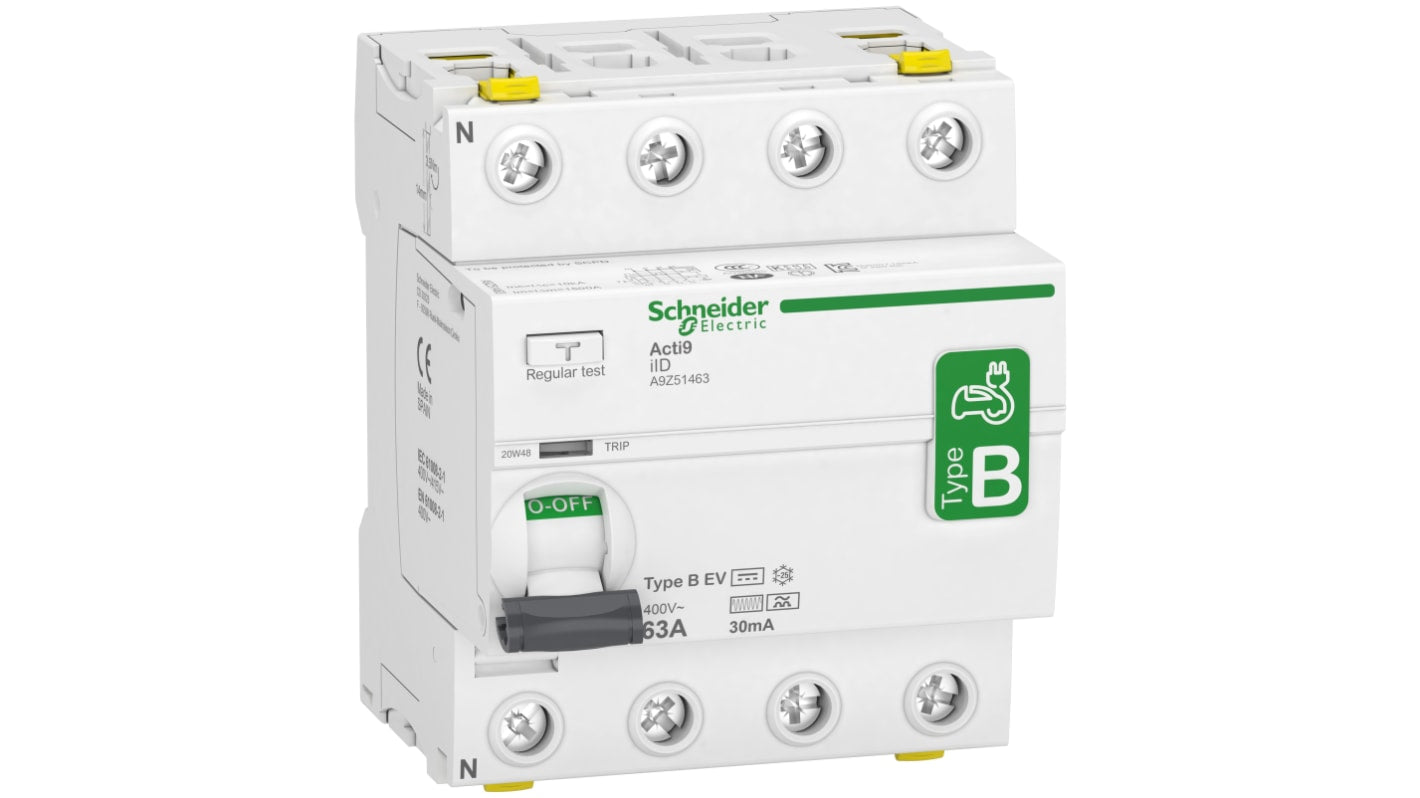 Interruttore differenziale 4 poli Schneider Electric A9Z51463, 63 A, 30 mA, tipo B-EV, per tensione 400 V ca. Grado di protezione IP20/IP40.