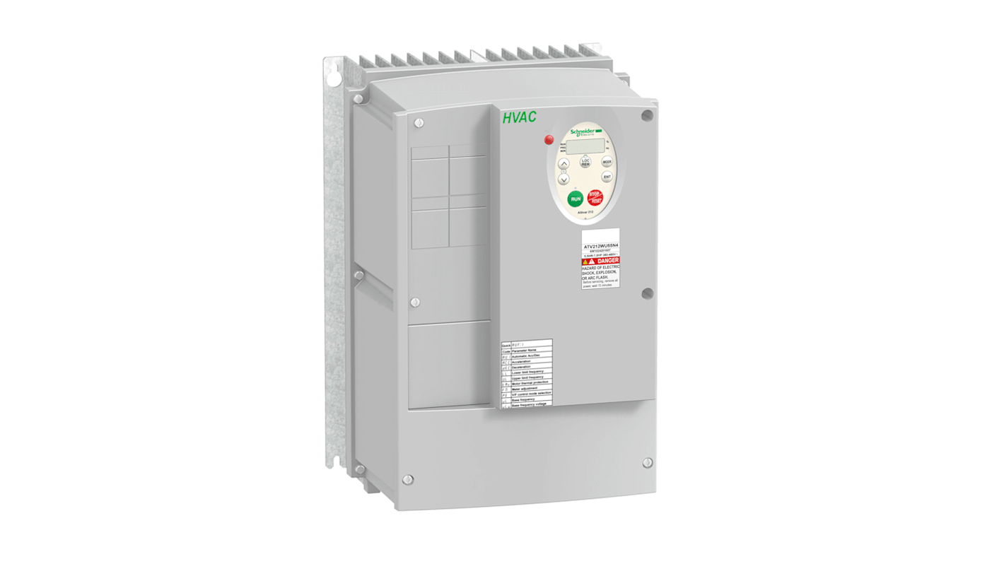 Inverter Schneider Electric ATV212WU55N4, 5,5 kW, 3 fasi, IP55, per motori asincroni, compatibile con protocolli di comunicazione.