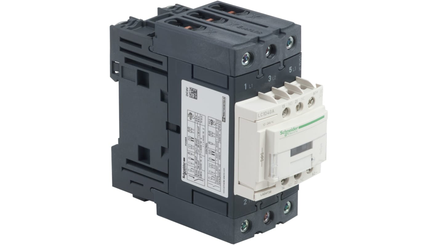 Contattore Schneider Electric LC1D40ABD, 3 poli 40A 22kW 24V c.c. IP20 - Ideale per applicazioni industriali.