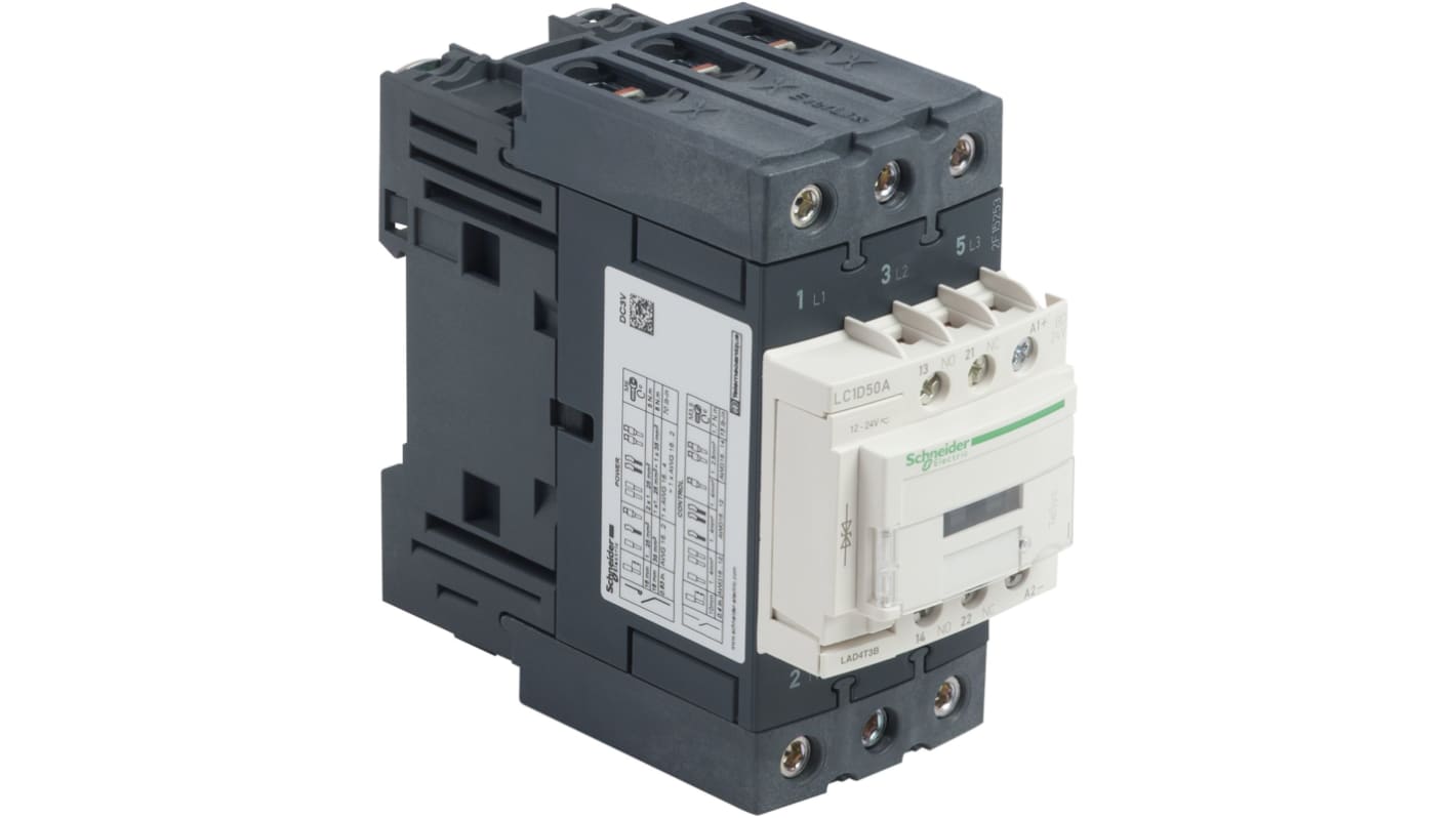 Contattore Schneider Electric LC1D50ABD 3 poli 50 A 30 kW 24 V c.c. IP20. Ideale per controllo segnale mantenuto in varie applicazioni.