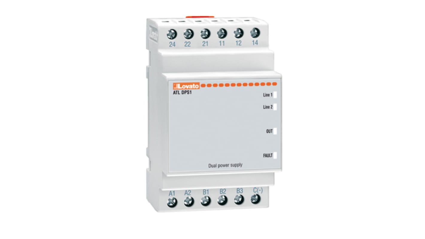 Alimentatore Lovato ATLDPS1 per interruttori ATP, misura 2,11 x 2,48 x 4,12 poll, monitoraggio tensione e autodiagnosi.