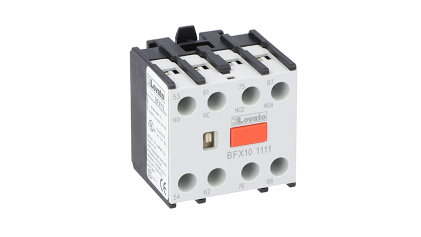 Contatto ausiliario Lovato BFX101111, 4 contatti (1 NO + 1 NC), montaggio anteriore, corrente nominale 10 A.