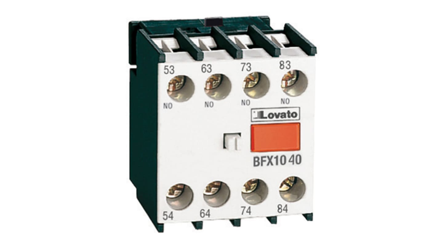 Contatto ausiliario Lovato BFX1040, 4NO, montaggio frontale, compatibile con contattori serie BF, corrente nominale 10 A.
