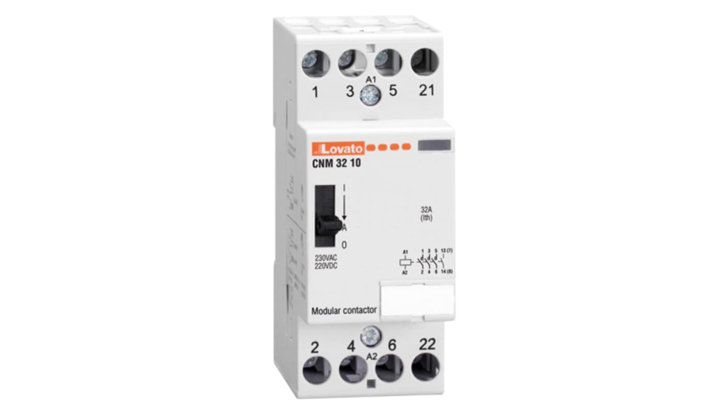 Contattore Lovato CNM3210024, 4 poli, 32 A, 24 V c.a., con protezione da sovratensione e funzionamento manuale.