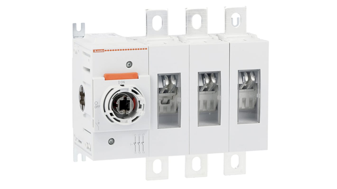 Sezionatore interruttore Lovato GL0500C1, 3 poli, montaggio a vite, corrente massima 500A, contatti visibili.