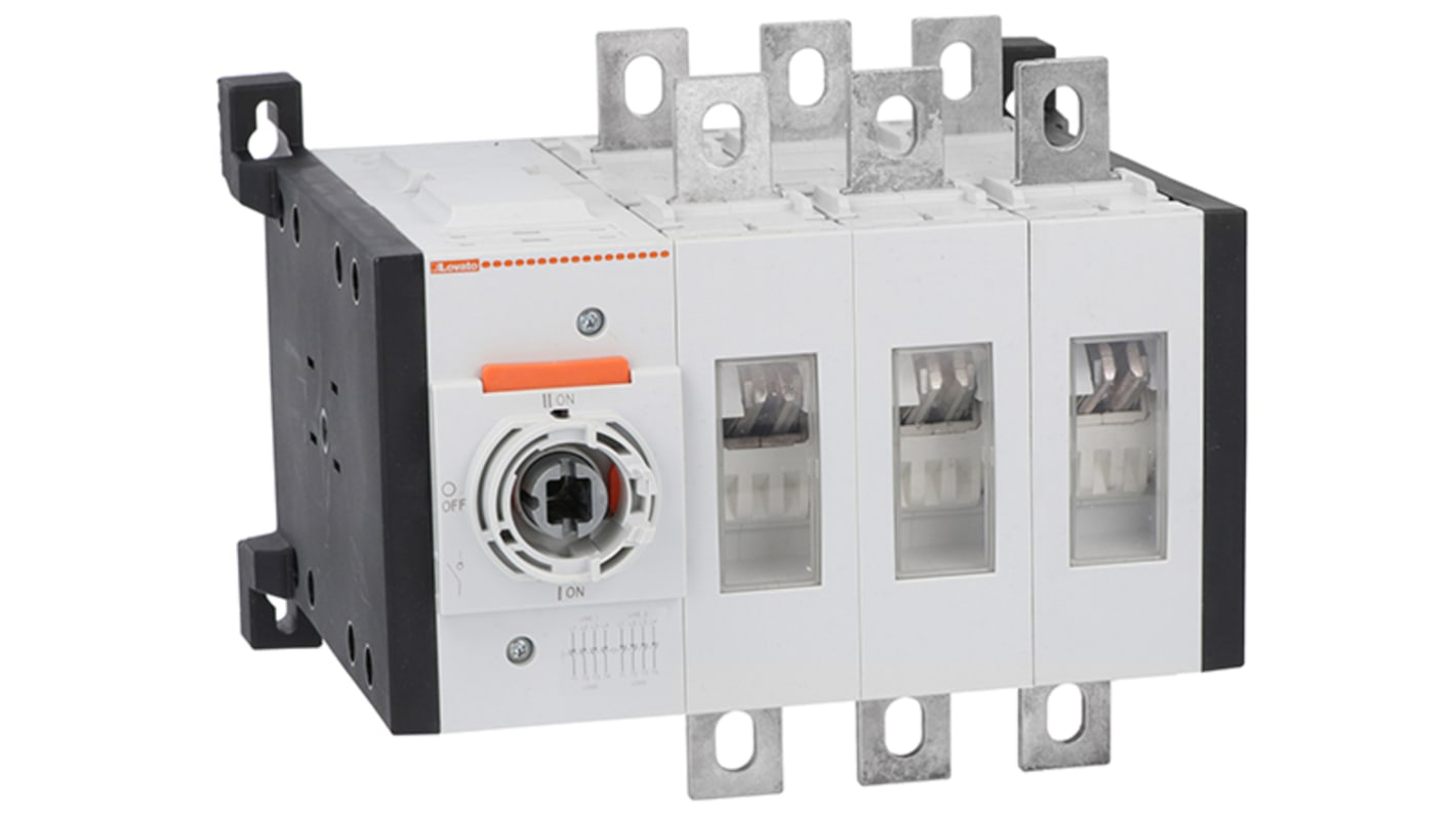 Interruttore Lovato GLC0320C1, 3 poli, montaggio a vite, corrente 320A, tensione 1000V, contatti visibili.