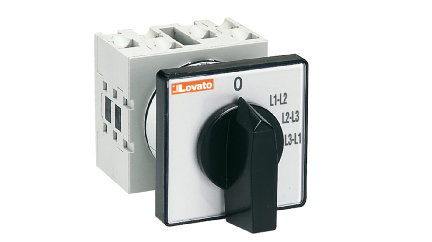 Interruttore a camma Lovato GX1666U, 7 posizioni, corrente 16A, montaggio frontale, attuatore corto con impugnatura nera.