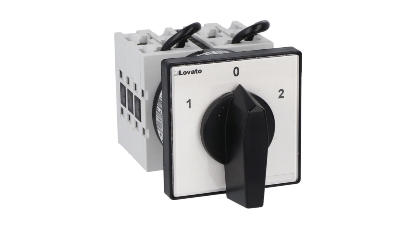 Interruttore a camma Lovato GX3211U, 3 poli, 3 posizioni, corrente 32A, montaggio frontale, impugnatura nera corta.
