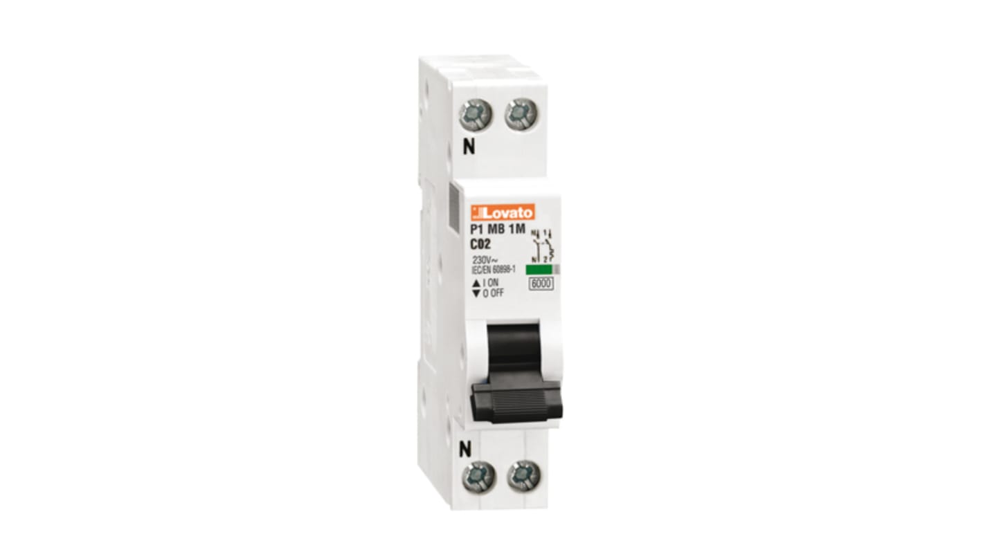Interruttore magnetotermico Lovato 1P+N Tipo C, 32A, 230V, montaggio su guida DIN, con indicatore stato contatti. Codice P1MB1MC32.