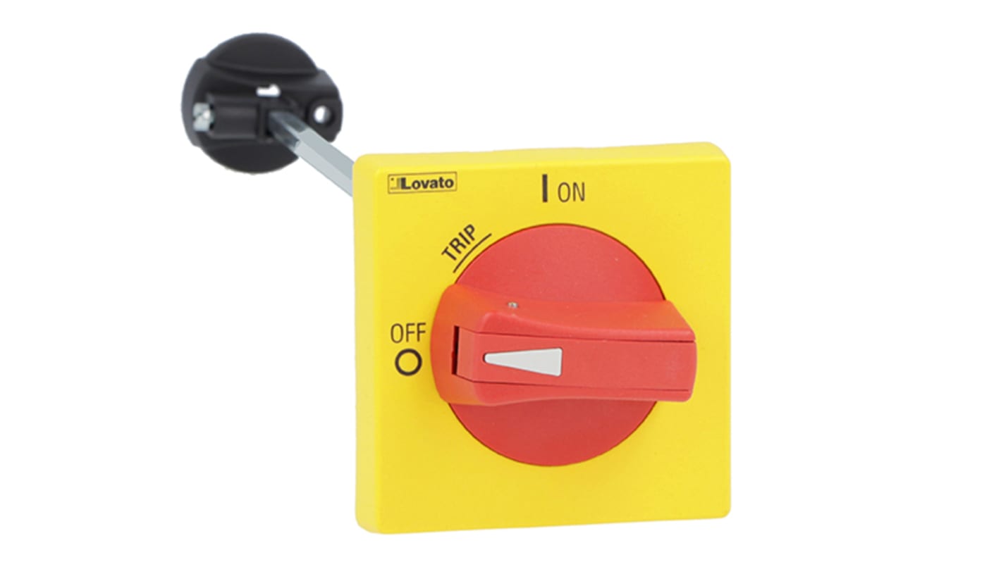 Selettore lucchettabile Lovato SM2X18200R per interruttori automatici, lunghezza asta 200 mm, grado di protezione IP65, rosso e giallo.